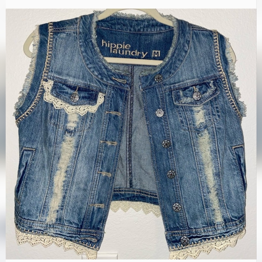 Hippie Laundry Blue Denim Vest with Cream Lace